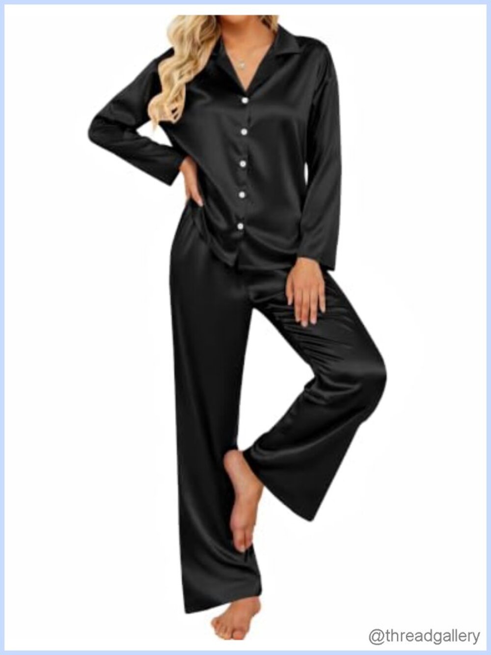 Satin Silk Pajama Set Long Sleeve Button Up Top Drawstring Pants Lounge